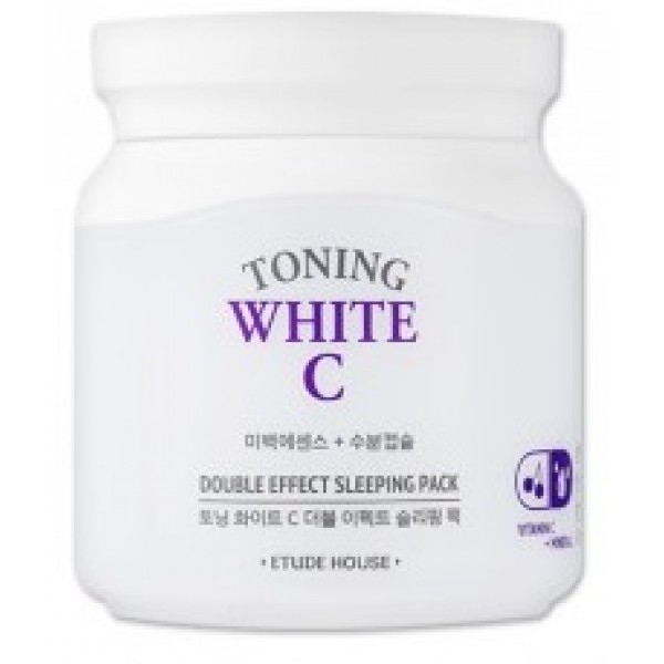ночная осветляющая маска для лица etude house toning white c double effect sleeping pack ночная осветляющая маска для лица etude house toning white c double effect sleeping packTONING WHITE C DOUBLE EFFECT SLEEPING PACK. Маска для лица ночная осветляющая <br><br>Тусклая и пигментированная кожа станет свежей и сияющей, нежной и ухоженной, если регулярно использовать ночную маску из осветляющей линии Toning White C от Etude House. В составе маски идеальное сочетание натуральных компонентов, направленных на осветление пигментации и выравнивание тона кожи.<br><br>Ягодные и фруктовые экстракты (ацерола, японский абрикос и др.), богатые витамином C, оказывают положительное воздействие на сосуды и капилляры, уменьшает их ломкость, тем самым предупреждает возникновение купероза и розацеа, помогают осветлить пигментацию, защищают кожу от фотоповреждений и препятствует фотостарению кожи, восстанавливают ее после воздействия ультрафиолета. Также витамин C является мощным антиоксидантом и блокирует действие свободных радикалов, тем самым предупреждает процессы окисления и преждевременного старения.<br><br>Ниацинамид способствует мощному клеточному обновлению, осветляет и выравнивает тон кожи, помогает удалить возрастные пятна, повышает тонус кожи, делает ее упругой и эластичной, а также усиливает кожный иммунитет и способность противостоять негативному воздействию внешней среды. Жемчужный порошок оказывает увлажняющее и питательное действие, восстанавливает, обладает противовоспалительными, противоотёчными и противоаллергическими свойствами, стимулирует кровообращение. Защищает от разрушения ультрафиолетом и появления пигментных пятен, отбеливает их.<br><br>Регулярное применение маски способствует осветлению кожи и разглаживанию морщин, уменьшает воспалительные процессы, повышает упругость кожи, дарит лицу свежесть и здоровое сияние. <br><br>Способ применения: Нанести на кожу лица за 20-30 минут до сна, утром смыть теплой водой.<br>