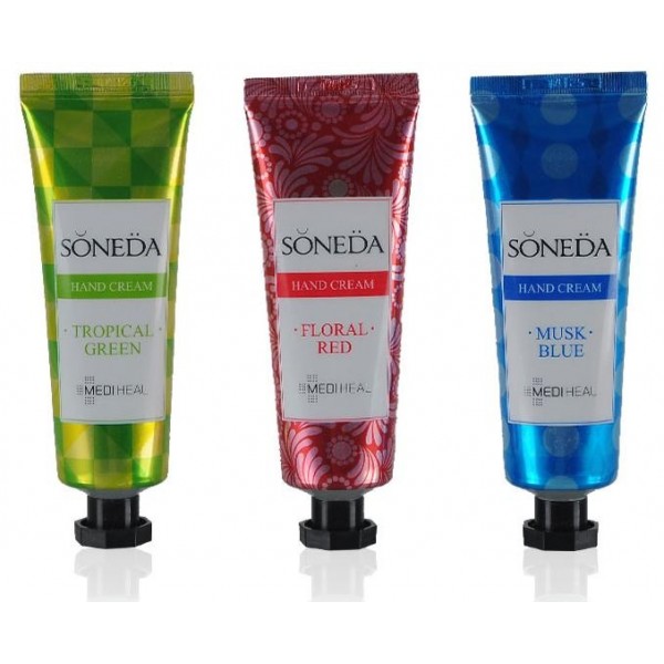крем для рук beauty clinic soneda hand cream крем для рук beauty clinic soneda hand creamКрем Soneda Hand Cream предназначен для ухода за сухой кожей рук. Способствует восстановлению поврежденной частым использованием бытовой химии кожи, незаменим в холодное и ветреное время года, так как обеспечивает защиту от воздействия неблагоприятных факторов внешней среды, в том числи и от повреждений ультрафиолетом.<br><br>Крем увлажняет, питает и смягчает кожу, оказывает противовоспалительное и ранозаживляющее действие, устраняет сухость и шелушения. Благодаря комплексу растительных экстрактов обеспечивает антиоксидантную защиту и предупреждает преждевременное старение кожи.<br><br>Также крем великолепно ухаживает за ногтями: оздоравливает их, делает более ухоженными, крепкими, предупреждает ломкость.<br><br>Регулярное применение крема позволят значительно улучшить состояние кожи: она становится гладкой, мягкой, эластичной, разглаживаются морщины и осветляется пигментация.<br><br>Крем выпускается в 3 вариантах:<br><br><br>01. Mediheal Soneda Hand Cream Musk Blue – аромат морской свежести<br><br>02. Mediheal Soneda Hand Cream Tropical Green – сладкий аромат тропический фруктов<br><br>03. Mediheal Soneda Hand Cream Floral Red – нежный цветочный аромат<br><br><br>Способ применения: Нанести на чистую сухую кожу рук. Можно использовать в течение дня по мере необходимости.<br><br>Объём: 50 мл<br>