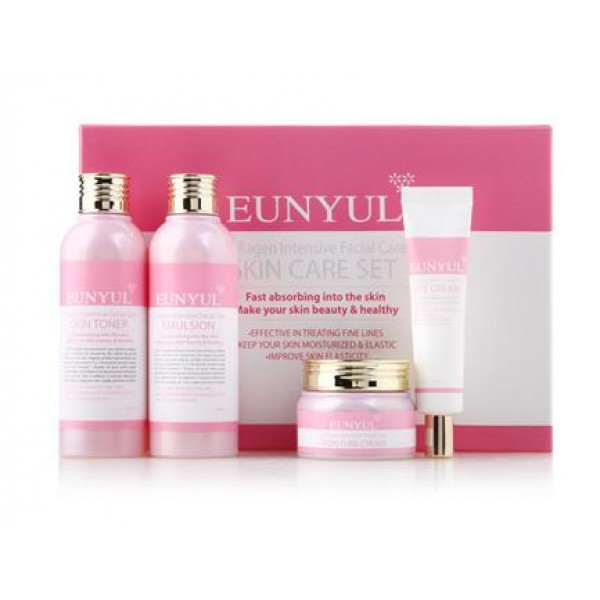 набор средств с коллагеном для интенсивного ухода eunyul collagen intensive facial care 4 pcs набор средств с коллагеном для интенсивного ухода eunyul collagen intensive facial care 4 pcsCollagen Intensive Facial Care 4 pcs. Набор средств с коллагеном для интенсивного ухода<br><br>Коллаген – своего рода строительный материал, от которого зависит прочность кожи и ее внешний вид. С возрастом, а также под воздействием различных факторов (несбалансированное питание, стрессы, плохая экология и т.д.), выработка естественного коллагена замедляется. Последствия этого не заставляют себя ждать: кожа теряет упругость и эластичность, становится вялой и дряблой, появляются морщины, овал лица «плывет».<br><br>Для тех, кто уже столкнулся с признаками увядания и старения кожи предназначен набор косметических средств с высоким содержанием коллагена и выраженным антивозрастным действием.<br><br>В наборе 4 полноценных средства: тонер, лосьон, крем для лица, крем для кожи вокруг век. Для возраста 40+.<br><br>Каждое средство само по себе способно значительно улучшить состояние кожи, а при комплексном применении позволяет добиться прекрасных результатов.<br><br>В составе средств коллаген, который восполняет недостаток собственного, запускает клеточное восстановление, а также помогает поддерживать оптимальный уровень увлажненности.<br><br>Средства с коллагеном увлажняют и подтягивают кожу, повышают ее эластичность и упругость, способствуют разглаживанию неглубоких морщинок и делают менее выраженными глубокие, борются с возрастной пигментацией, уменьшают птоз (обвисание) кожи.<br><br>Способ применения: После умывания нанести на кожу тонер, затем лосьон и/или крем, затем крем для век. Рекомендуется для применения утром и вечером.<br>