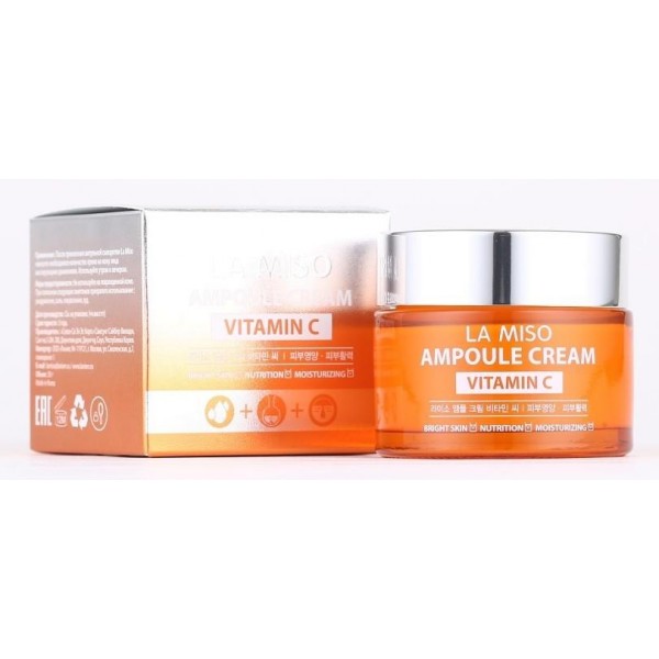 ампульный крем с витамином с la miso ampoule cream vitamin c ампульный крем с витамином с la miso ampoule cream vitamin cAmpoule Cream Vitamin C. Ампульный крем с витамином С<br><br>Омолаживающий крем для лица содержит в составе витамин С, который знаменит своими защитными и иммунными свойствами для кожи. Он эффективно предотвращает разрушение клеток под воздействием свободных радикалов, продлевая молодость и здоровье кожи. К тому же, он препятствует возникновению пигментации на коже и ее потускнению.<br><br>Другие природные экстракты, содержащиеся в средстве, способствуют успокоению кожи, снятию воспалительных процессов, раздражений, придают коже гладкость, сияние, мягкость и длительную увлажненность.<br><br>Способ применения: После применения ампульной сыворотки нанесите тонким слоем на сухую и чистую кожу лица. Для лучшего впитывания похлопайте подушечками пальцев по коже, как бы «вбивая» крем и помогая ему впитаться. Теперь про него можно забыть, так как через несколько минут он высохнет и полностью войдет в верхние слои кожи, откуда будет распространяться вглубь и насыщать покровные ткани.<br><br>Объем: 50 мл<br>
