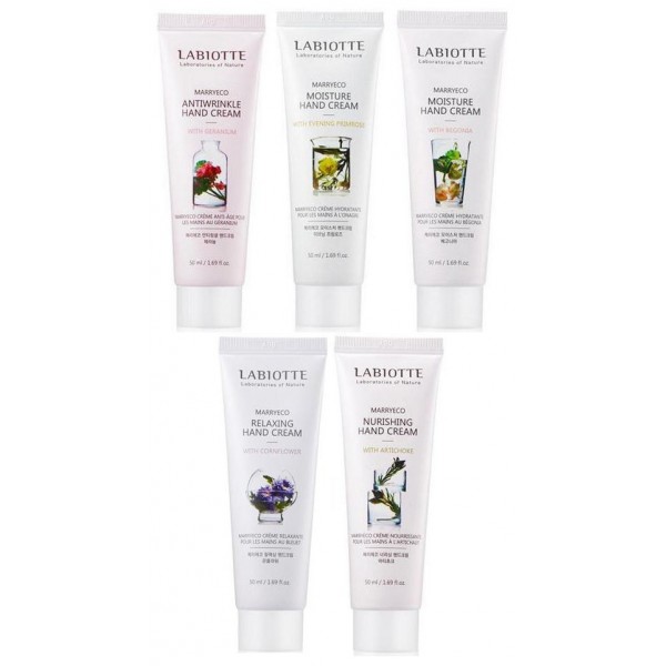 крем для рук labiotte marryeco hand cream крем для рук labiotte marryeco hand creamMarryeco Hand Cream. Крем для рук<br><br><br>Marryeco Nurishing Hand Cream With Artichoke - Питательный крем для рук с экстрактом артишока<br><br><br>Питательный крем для рук содержит экстракт артишока, масло ши, масло капуасу, масло какао бобов и т.д. Функциональный крем для кожи рук, на основе формулы Butter Complex восстанавливает мягкость и эластичность кожи, поддерживает оптимальный уровень влаги, насыщает и восполняет питательный запас веществ.<br><br>Экстракт артишока обладает тонизирующим действием, ухаживает за дряблой кожей, восстанавливает тургор кожи. Уменьшат отрицательное воздействие ультрафиолета на кожу. <br><br><br>Marryeco Relaxing Hand Cream With Cornflower - Релаксирующий крем для рук с экстрактом василька<br><br><br>Релаксирующий крем для рук содержит экстракт василька, масло ши, масло капуасу, масло какао бобов и т.д. Функциональный крем для кожи рук, на основе формулы Butter Complex восстанавливает мягкость и эластичность кожи, поддерживает оптимальный уровень влаги, стимулирует жизненные силы кожи.<br><br>Экстракт василька обладает противовоспалительным и ранозаживляющим действием, обладает активным успокаивающим действием. <br><br><br>Marryeco Antiwrinkle Hand Cream With Geranium - Антивозрастной крем для рук с экстрактом герани<br><br><br>Антивозрастной крем для рук содержит экстракт герани, масло ши, масло капуасу, масло какао бобов и т.д. Функциональный крем для кожи рук, на основе формулы Butter Complex восстанавливает мягкость и эластичность кожи, обладает антивозрастным действием, препятствует образованию морщин.<br><br>Экстракт герани нормализует работу сальных желез у жирной кожи, устраняет воспаления и шелушения у чувствительной и поврежденной кожи, отлично увлажняет сухую кожу. Стимулирует регенерацию клеток. Хороший антисептик, противовоспалительное. <br><br><br>Marryeco Moisture Hand Cream With Begonia - Увлажняющий крем для рук с экстрактом бегонии<br><br><br>Увлажняющий крем для рук содержит экстракт бегонии, масло ши, масло капуасу, масло какао бобов и т.д. Функциональный крем для кожи рук, на основе формулы Butter Complex восстанавливает мягкость и эластичность кожи, поддерживает оптимальный уровень влаги, успокаивает и укрепляет защитный барьер кожи.<br><br>Экстракт бегонии обладает антимикробным действием, благодаря своим фитонцидным свойствам, способствует повышению иммунитета, помогает бороться со стрессом кожи.<br><br><br>Moisture Hand Cream With Evening Primrose - Увлажняющий крем для рук с экстрактом примулы вечерней<br><br><br>Увлажняющий крем для рук содержит экстракт примулы вечерней, масло ши, масло капуасу, масло какао бобов и т.д. Функциональный крем для кожи рук, на основе формулы Butter Complex восстанавливает мягкость и эластичность кожи, поддерживает оптимальный уровень влаги в коже, предотвращает ее потерю.<br><br>Масло примулы вечерней стимулирует регенерацию клеточного обновления кожи, ухаживает за сухой потрескавшейся кожей, восстанавливает эластичность кожи. <br><br>Масло Ши замедляет старение кожи, разглаживает морщины, восстанавливает барьерные функции кожи.<br><br>Способ применения: наносите крем на кожу мягкими, массирующими движениями. Используйте средство каждый раз при возникновении сухости кожи.<br><br>Объем: 50 мл<br>