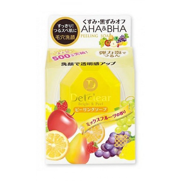 мыло-пилинг туалетное очищающее с aha и bha meishoku aha&bha fruits peeling soap мыло-пилинг туалетное очищающее с aha и bha meishoku aha&bha fruits peeling soapAHA&BHA Fruits Peeling Soap. Мыло-пилинг туалетное очищающее с AHA и BHA с ароматом фруктов мягко очищает поры кожи от загрязнений, излишков кожного жира и ороговевших клеток эпидермиса, скопление которых приводит к тусклому цвету лица, становится причиной появления чёрных точек и заметных расширенных пор. <br><br>В составе три группы активных действующих компонентов: <br><br>• АНА (альфа-гидрооксикислоты) входят в состав таких фруктовых экстрактов, как экстракты апельсина, груши, ягод черники и малины, лимона, яблока, винограда известны своими очищающими, подтягивающими и сужающими поры, а также стимулирующими процессы регенерации и обновление клеток эпидермиса свойствами. <br><br>• ВНА (бета-гидрооксикислоты) входят в состав вытяжки из коры плакучей ивы смягчают ороговевшие слои клеток эпидермиса с повышенным содержанием меланина, облегчая и ускоряя их удаление. <br><br>• Апельсиновое масло мягкий очищающий компонент растительного происхождения. <br><br>Действие пилинг-мыла основано на мягком очищении пор кожи от загрязнений и удалении ороговевших клеток эпидермиса под действием альфа и бета-гидрооксикислот (AHA&BHA), полученных из растительных, фруктовых и ягодных экстрактов. Тусклая кожа заметно светлеет. Оставляет ощущение обновлённой гладкой кожи каждый день. <br><br>Способ применения: добейтесь появления густой пены, нанесите на лицо (на участках кожи с особенно загрязнёнными порами растирайте пену круговыми массирующими движениями около 30 секунд), после чего смойте. Подходит для ежедневного умывания. Цвет мыла со временем может измениться за счёт входящих в его состав натуральных компонентов, что никак не отражается на его качестве. <br><br>Состав: ТЕА, стеариновая кислота, вода, лауриновая кислота, миристиновая кислота, гидроксид натрия, глицерин, гликолевая кислота, экстракт апельсина, молочнокислые бактерии /ферментированный грушевый сок (р-р), экстракт ягод черники, экстракт ягод малины, экстракт лимона, яблочная кислота, винная (виннокаменная) кислота, BG.<br><br>Вес г: 100.00000000