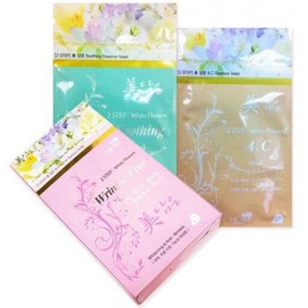 маска 2-шаговая маска 2-шаговая2 Step White Flower Mask. Маска 2-шаговая<br><br>2-шаговая система ухода за кожей. Эссенция, в составе которой экстракты белоснежных цветов, и маска на тканевой основе оказывают двойное действие, способствуют осветлению кожи и разглаживанию морщин, а также, благодаря различным экстрактам, оказывает дополнительный уход.<br><br> <br><br>Инновационная формула с экстрактами 7 белоснежных цветов (лотос, лилия, жасмин и др.) эффективно борется с первыми признаками старения, разглаживает мимические морщины, устраняет пигментацию и дарит коже естественное сияние и гладкость.<br><br> <br><br>Маска представлена несколькими вариантами:<br><br> <br><br><br>2 Step White Flower Wrinkle Free Mask – маска 2-шаговая антивозрастная<br><br><br> <br><br>Маска с грибными экстрактами и коллагеном способствует разглаживанию кожного рельефа: уменьшает интенсивность морщин, питает и укрепляет кожу, подтягивает ее, делает гладкой и сияющей.<br><br> <br><br><br>2 Step White Flower Soothing Mask – маска 2-шаговая для проблемной кожи<br><br><br> <br><br>Маска с экстрактами алоэ вера и центеллы является великолепным средством для успокоения кожи. Маска увлажняет, устраняет шелушения, способствует заживлению раздражений, восстанавливает кожу после стрессов.<br><br> <br><br><br>2 Step White Flower A.C Mask – маска 2-шаговая против акне<br><br><br> <br><br>Маска с экстрактом чайного дерева оказывает оздоравливающее и очищающее действие, предупреждает закупорку пор, регулирует работу сальных желез, ускоряет заживление акне и предупреждает появление новых высыпаний.<br><br><br>2 Step White Flower Whitening Мask – маска 2-шаговая осветляющая<br><br><br> <br><br>Маска против высыпаний акне способствует очищению пор, укреплению локального иммунитета, обеспечивает себум-контроль и осветление постакне, оказывает оздоравливающее действие, регулирует работу сальных желез, ускоряет заживление акне и предупреждает появление новых высыпаний.<br><br> <br><br>Способ применения: Приложить маску к очищенному лицу, через 15-20 минут маску снять, остаткам эссенции дать впитаться.<br><br> <br><br>Объем: 26 гр<br><br>Вес г: 26.00000000