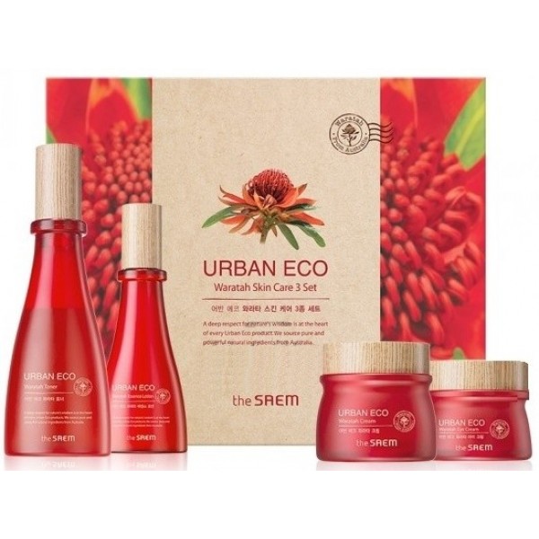 набор уходовый с экстрактом телопеи the saem urban eco waratah skin care 3 set набор уходовый с экстрактом телопеи the saem urban eco waratah skin care 3 setUrban Eco Waratah Skin Care 3 Set. Набор уходовый с экстрактом телопеи<br><br>Набор для ухода за кожей состоит из 4 полноценных средств: тонера (180 мл), лосьона (140 мл), крема (60 мл) и крема для кожи вокруг глаз (30 мл).<br><br>В составе средств экстракт телопеи, который помогает коже поддерживать ее естественную упругость, способствует глубокому мгновенному увлажнению и поддержанию оптимального уровня влаги в течение долгого времени, а также предупреждает развитие первых признаков старения.<br><br>Средства оказывают на кожу интенсивнее воздействие: повышают эластичность, увеличивают прочность соединительных тканей, активно восстанавливаеют структуру кожи, повышают тургор, увлажняют, делают мелкие морщинки менее заметными, выравнивают тон кожи, осветляя пигментацию.<br><br>Также в составе средств ниацинамид, керамиды, аденозин, масло виноградных косточек, и комплекс не менее экзотических, чем телопея, масел и экстрактов, которые увлажняют кожу, снимают воспаления и покраснения, питают и смягчают, оказывают общее омолаживающее воздействие.<br><br>Способ применения: Смочить тонером ватный диск и протереть им кожу сразу после умывания, нанести эмульсию, затем нанести крем и крем для кожи вокруг глаз.<br><br>Объём: 180 мл + 140 мл + 60 мл + 30 мл<br>