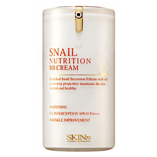 бб крем skin79 snail nutrition bb cream spf45 pa+++ бб крем skin79 snail nutrition bb cream spf45 pa+++Snail Nutrition BB Cream SPF45 PA+++. ББ крем<br><br>Многофункциональный BB крем осветляет пигментацию, предотвращает появление морщин, защищает от УФ излучения и эффективно маскирует недостатки кожи.<br><br>Аденозин и Арбутин эффективно борются с морщинами и осветляют кожу.<br><br>BB Крем содержит 45% мукопротеин улитки (муцин), который эффективно разглаживает и выравнивает кожу, уменьшает глубину и выраженность мимических морщин, восстанавливает эластичность и упругость, ускоряет заживление тканей, сужает поры, а так же облегчает состояние кожи при акне, розацеа и дерматите. А гамамелис, ромашка и алоэ успокаивают и защищают кожу от воздействия окружающей среды.<br><br>Крем обладает высокой маскирующей способностью, выравнивает рельеф, корректирует тон кожи, маскирует прыщи и черные точки, рубцы и расширенные поры.<br><br>Универсальный светлый бежевый оттенок крема адаптируется к индивидуальному оттенку кожи. Подходит для всех типов кожи. <br><br>Применение: Нанесите необходимое количество крема в завершении основного ухода за кожей.<br><br>Объем: 40 мл<br>