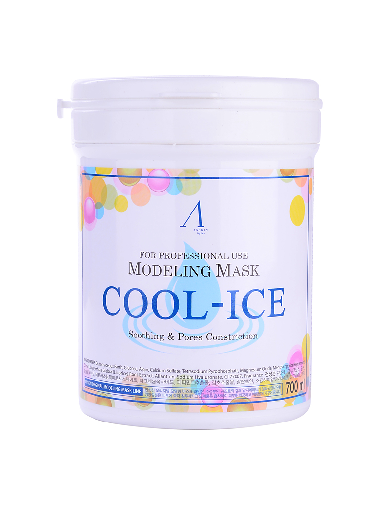 маска альгинатная охлаждающая и успокаивающая anskin cool-ice modeling mask / container маска альгинатная охлаждающая и успокаивающая anskin cool-ice modeling mask / containerМаска альгинатная с охлажд. и успок. эффектом (банка) Cool-Ice Modeling Mask / container рекомендована для уставшей, раздраженной кожи, которая нуждается в успокаивающем воздействии<br><br>Маска умешьшает размер пор, обладает мягким и освежающим действием. Восстанавливает усталую кожу, активирует циркуляцию крови, помогает коже сохранять эластичность и пластичность. Экстракт мяты обладает успокаивающим и болеутоляющим действием.<br><br> <br><br>Положить порошок мерной чашкой и воду (или активатор) в миску в соотношении 1:0,8 (на 100 мл порошка 80 мл воды), быстрыми движениями перемешайте до однородной массы при помощи шпателя. При помощи шпателя нанесите маску слоем 3-5 мм на очищенную кожу лица, оставляя открытыми только ноздри. Оставить маску на 20-25 минут до застывания. Удалить её одним пластом, от подбородка ко лбу. За 2-3 минуты до наложения маски рекомендуется наносить биоактивные сыворотки, кремы или гели.<br><br> <br><br>Содержит диатомит, глюкозу, альгинат натрия, сульфат кальция, бетаин, оксид цинка, экстракт мяты перечной (1%), гидролизованный пшеничный глютен, экстракт солодки, аллантоин , гиалуроновую кислоту<br><br> <br><br>Объем: 700 мл (240 гр)<br>