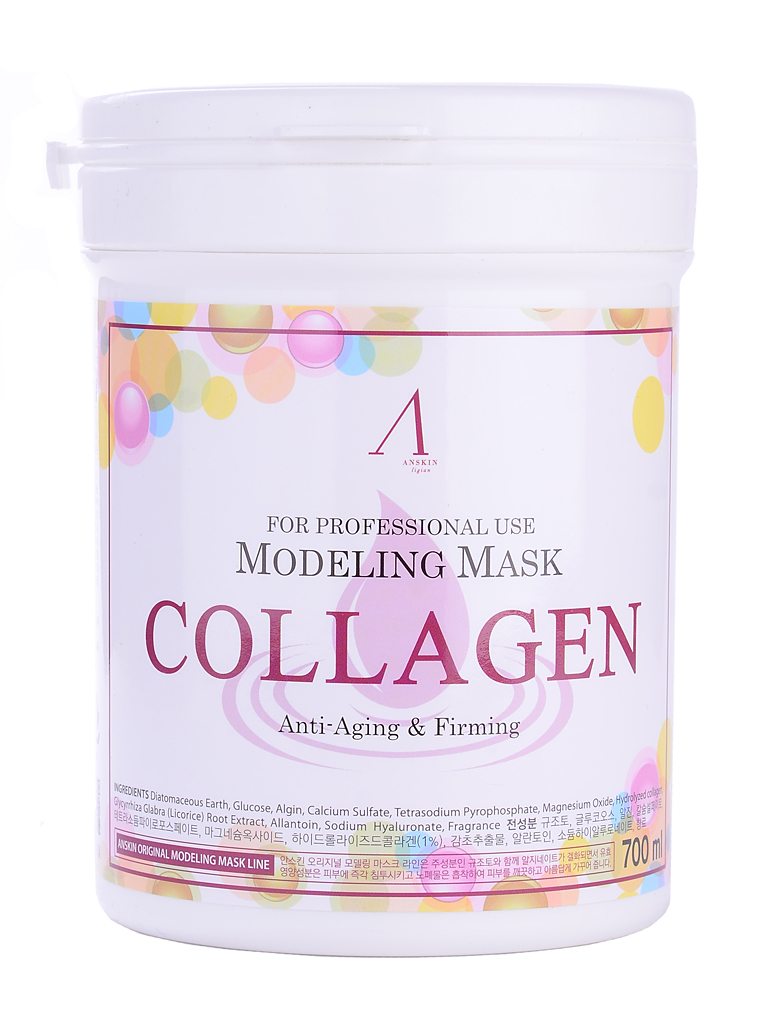 маска альгинатная с коллагеном укрепляющая anskin collagen modeling mask/container маска альгинатная с коллагеном укрепляющая anskin collagen modeling mask/containerМаска альгинатная с коллагеном укрепляющая (банка) Collagen Modeling Mask container. Гидролизованный коллаген и гиалуроновая кислота предотвращают окисление кожи и защищают овал лица от провисания, противостоят признаков старения кожи, сохраняют эластичность кожи. Антивозрастное действие выражается в регенерации поврежденных участков кожи. Коллаген наполняет кожу упругостью и не дает деформироваться.<br><br>Положить порошок мерной чашкой и воду (или активатор) в миску в соотношении 1:0,8 (на 100 мл порошка 80 мл воды), быстрыми движениями перемешайте до однородной массы при помощи шпателя. При помощи шпателя нанесите маску слоем 3-5 мм на очищенную кожу лица, оставляя открытыми только ноздри. Оставить маску на 20-25 минут до застывания. Удалить её одним пластом, от подбородка ко лбу. За 2-3 минуты до наложения маски рекомендуется наносить биоактивные сыворотки, кремы или гели.<br><br> <br><br>Содержит диатомит, глюкозу, альгинат натрия, сульфат кальция, бетаин, оксид цинка, гидролизованный коллаген (1%) гидролизованный пшеничный глютен, экстракт солодки, аллантоин, бетаин, гиалуроновую кислоту, экстракт оливы.<br><br> <br><br>Перед нанесением альгинатной маски кожу надо тщательно очистить. Под маску необходимо нанести активное косметическое средство, это может быть сыворотка, эмульсия, ампулы с активными веществами и т.п. подобранные специально исходя из решаемых проблем кожи. Под давлением маски эти средства лучше проникают в кожу. После того, как нанесенное средство впитается, накладывается альгинатная маска.<br><br> <br><br>Объем: 700 мл (240 гр)<br>