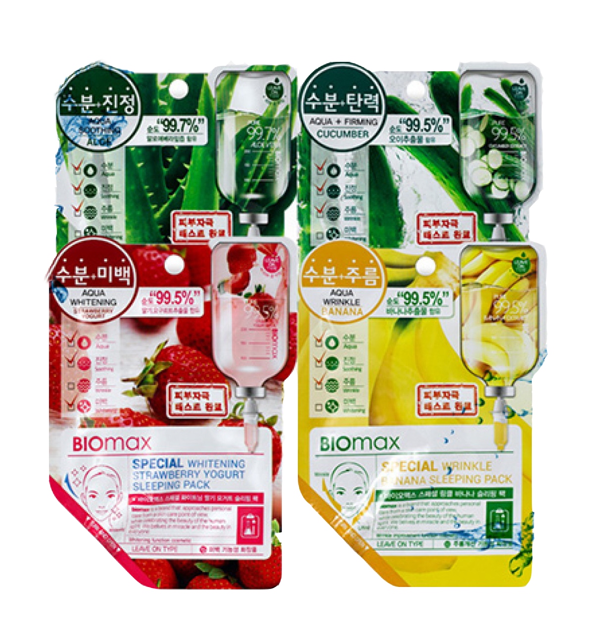 íî÷íàÿ ìàñêà äëÿ ëèöà biomax special soothing pack íî÷íàÿ ìàñêà äëÿ ëèöà biomax special soothing packSpecial Soothing Aloe Sleeping Pack. Óñïîêàèâàþùàÿ íî÷íàÿ ìàñêà ñ ýêñòðàêòîì àëîý<br><br>Ýêñòðàêò àëîý ñîäåðæèò àëëàíòîèí, âèòàìèíû ãðóïïû Â, Ñ, Å, àìèíîêèñëîòû è êëåò÷àòêó. Îêàçûâàåò èíòåíñèâíîå óâëàæíÿþùåå, ñìÿã÷àþùåå è óñïîêàèâàþùåå äåéñòâèå. Îí îáëàäàåò ïðîòèâîâîñïàëèòåëüíûì è àíòèáàêòåðèàëüíûì äåéñòâèåì, à òàêæå çàïóñêàåò åñòåñòâåííûé ìåõàíèçì ñàìîâîññòàíîâëåíèÿ è ñàìîðåãóëÿöèè êîæè.<br><br> ñîñòàâ ìàñêè âõîäèò öåëûé êîìïëåêñ êîìïîíåíòîâ èíòåíñèâíî óõàæèâàþùèõ çà êîæåé ëèöà âî âðåìÿ ñíà:<br><br><br>Àäåíîçèí – áîðåòñÿ ñ âîçðàñòíûìè èçìåíåíèÿìè;<br><br>Ýêñòðàêò ãðåéïôðóòà îêàçûâàåò òîíèçèðóþùåå è àíòèîêñèäàíòíîå äåéñòâèå;<br><br>Ñîê áàìáóêà – óâëàæíÿåò.<br><br><br>Special Whitening Strawberry Yogurt Sleeping Pack. Îòáåëèâàþùàÿ íî÷íàÿ ìàñêà ñ ýêñòðàêòàìè êëóáíèêè è éîãóðòà<br><br>Ôîëèåâàÿ êèñëîòà è âèòàìèí Ñ â êëóáíèêå ñïîñîáñòâóþò âîññòàíîâëåíèþ êîæè. Ýêñòðàêò éîãóðòà îêàçûâàåò èíòåíñèâíîå óâëàæíåíèå è ïèòàíèå.<br><br>Íî÷íàÿ ìàñêà âûðàâíèâàåò îáùèé òîí êîæè ëèöà è äàðèò æèçíåííóþ ñèëó óñòàâøåé êîæå.<br><br> ñîñòàâ ìàñêè âõîäèò öåëûé êîìïëåêñ êîìïîíåíòîâ èíòåíñèâíî óõàæèâàþùèõ çà êîæåé ëèöà âî âðåìÿ ñíà:<br><br><br>Íèàöèíàìèä – âîññòàíàâëèâàåò;<br><br>Ìàñëî øè è ìàñëî àðãàíû – ïèòàþò;<br><br>Âèòàìèí Å – îêàçûâàåò àíòèîêñèäàíòíîå äåéñòâèå;<br><br>Ñîê áàìáóêà – óâëàæíÿåò.<br><br><br>Special Wrinkle Banana Sleeping Pack. Íî÷íàÿ ìàñêà îò ìîðùèí ñ ýêñòðàêòîì áàíàíà<br><br>Ýêñòðàêò áàíàíà ñîäåðæèò êàëèé, êàëüöèé, æåëåçî, ôîñôîð, âèòàìèí Ñ è âèòàìèíû ãðóïïû Â. Îí òàêæå ñîäåðæèò ôèòîñòåðîëû, êîòîðûå áîðþòñÿ ñ ìîðùèíàìè, ñîêðàùàÿ èõ ãëóáèíó è êîëè÷åñòâî.<br><br> ñîñòàâ ìàñêè âõîäèò öåëûé êîìïëåêñ êîìïîíåíòîâ èíòåíñèâíî óõàæèâàþùèõ çà êîæåé ëèöà âî âðåìÿ ñíà:<br><br><br>Àäåíîçèí – áîðåòñÿ ñ âîçðàñòíûìè èçìåíåíèÿìè;<br><br>Ýêñòðàêò ãðåéïôðóòà îêàçûâàåò òîíèçèðóþùåå è àíòèîêñèäàíòíîå äåéñòâèå;<br><br>Ñîê áàìáóêà – óâëàæíÿåò.<br><br><br>Special Firming Cucumber Sleeping Pack. Óêðåïëÿþùàÿ íî÷íàÿ ìàñêà ñ ýêñòðàêòîì îãóðöà<br><br>Ýêñòðàêò îãóðöà ñîäåðæèò ïîëèñàõàðèäû, ïîëèôåíîëû, ãëèêîçèäû, âèòàìèíû ãðóïïû  è Ñ, àìèíîêèñëîòû. Îí èíòåíñèâíî óâëàæíÿåò, îñâåæàåò è ñïîñîáñòâóåò ñíÿòèþ îòå÷íîñòè.<br><br> ñîñòàâ ìàñêè âõîäèò öåëûé êîìïëåêñ êîìïîíåíòîâ èíòåíñèâíî óõàæèâàþùèõ çà êîæåé ëèöà âî âðåìÿ ñíà:<br><br><br>Àäåíîçèí – áîðåòñÿ ñ âîçðàñòíûìè èçìåíåíèÿìè;<br><br>Ýêñòðàêò ãðåéïôðóòà îêàçûâàåò òîíèçèðóþùåå è àíòèîêñèäàíòíîå äåéñòâèå;<br><br>Ñîê áàìáóêà – óâëàæíÿåò.<br><br><br>Ïðèìåíåíèå: Èñïîëüçóéòå ìàñêó â êà÷åñòâå çàâåðøàþùåãî ýòàïà óõîäà çà êîæåé âå÷åðîì. Íåáîëüøîå êîëè÷åñòâî ñðåäñòâà íàíåñèòå ìàññèðóþùèìè äâèæåíèÿìè, èçáåãàÿ êîæè âîêðóã ãëàç è ãóá. Óòðîì óìîéòåñü. Ñðåäñòâî ðàññ÷èòàíî íà 2-3 ïðèìåíåíèÿ.<br><br>Ìåðû ïðåäîñòîðîæíîñòè: Íå èñïîëüçóéòå íà ïîâðåæäåííîé êîæå. Ïðè ïîÿâëåíèè ñëåäóþùèõ ñèìïòîìîâ ïðåêðàòèòå èñïîëüçîâàíèå: ðàçäðàæåíèå, ñûïü, ïîêðàñíåíèå, çóä.<br><br>Ñîñòàâ: Water, Glycerin, Dipropylene Glycol, Cucumis Sativus (Cucumber) Fruit Extract, Polysorbate 20, Triethanolamine, Carbomer, Acrylates/C10-30 Alkyl Acrylate Crosspolymer, Allantoin, Adenosine, Betaine, Bambusa Vulgaris Water, Citrus Grandis (Grapefruit) Fruit Water, Onsen-Sui, Sea Water, Disodium EDTA, Phenoxyethanol, Chlorphenesin, Fragrance.<br><br>Ñðîê ãîäíîñòè: 2 ãîäà 6 ìåñÿöåâ.<br><br>Âåñ: 17 ã<br><br>Âåñ ã: 17.00000000
