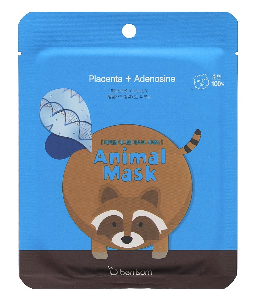 маска для лица серии animal mask – енот berrisom animal mask placenta + adenosine raсcoon маска для лица серии animal mask – енот berrisom animal mask placenta + adenosine raсcoonAnimal Mask Placenta + Adenosine RAСCOON. Маска для лица серии Animal mask – Енот с экстрактом плаценты - веселая тканевая маска-мордочка.<br><br>Белая тканевая маска – это приятно, это полезно, но совсем не интересно. Чтобы уход за кожей был не только эффективным, но и веселым, используйте забавные маски-мордочки от BERRISOM.<br><br>Рисунок нанесен только на одну сторону маски, поэтому совершенно безопасен для кожи. Нежнейший органический хлопок, из которого сделана маска, подходит даже для самой чувствительной кожи. Мягкое и плотное прилегание обеспечивает глубокое проникновение в кожу активных компонентов маски.<br><br>В отличие от многих других масок, пропитанных 5-10 мл эссенции,Animal Mask Series пропитана 25 мл слегка маслянистой, но приятной для кожи эссенцией.<br><br>В составе маски керамиды, ледниковая вода и комплекс растительных экстрактов.<br><br><br>Керамиды – восстанавливают липидный барьер верхнего слоя эпидермиса сухой и огрубевшей кожи, обеспечивают интенсивное увлажнение. Благодаря керамидам в составе маски, кожа в короткие сроки после применения восстанавливается, уменьшаются признаки обезвоженности, разглаживаются морщинки. Керамиды снимают шелушения кожи, дарят ей гладкость и шелковистость.<br><br><br><br>Ледниковая вода – интенсивно увлажняет кожу, насыщает ее важнейшими микроэлементами, тонизирует и дарит невероятное ощущение свежести, нормализует и ускоряет процессы восстановления клеток.<br><br><br>Маска предназначена для уменьшения морщин. Экстракт плаценты стимулирует восстановительные процессы и синтез коллагена, эластина и гиалуроновой кислоты, нейтрализуют свободнорадикальные процессы, оказывают мощное тканеобразующее, увлажняющее, лифтинговое, антиканцерогенное, иммуностимулирующее, оздоравливающее и омолаживающее действие.<br><br>Способ применения: На очищенную и тонизированную кожу наложить маску и разгладить ее. Через 15-20 минут маску снять, а остатки средства вмассировать в кожу.<br><br>Состав: Water, Glycerin, Butilene Glycol, Glycin Soja (Soybean) Phytoplacenta Extract, Adenosine, Sodium Hyaluronate, Hydrogenated Lecithin, Caprylic/Capric Triglyceride, Diethoxyethyl Succinate, Ceramide 3, Alchohol, Ceteth-20, Steareth-20, Tocopheryl Acetate, Glyceryl Stearate, Cetearyl alchohol, Neopentyl Glycol Dicaprate, Cetyl Ethylhexanoate, Phenoxyethanol, Glycyrrhiza Glabra (Licorice) Root Extract, Zingiber Officionale (Ginger) Root Extract, Schizandra Chinesis Fruit Extract, Coptis Chinesis Root Extract, Camellia Sinesis Leaf Extract, Propolis Wax, Caprylyl Glycol, 1,2-Hexanediol, Carbomer, Disodium EDTA, Allotoin, Dipotassium Glycyrrhizate, Chlorphenesin, PEG-60 Hydrogenated Castor Oil, Fragrance, Triethanolamine.<br><br>Меры предосторожности: 1. Не применять к поврежденной, раздраженной, обожженной солнцем коже. 2. Прекратить использование в случае покраснения, воспаления, зуда кожи. 3. При попадании в глаза промойте водой. 4. Только для наружного применения.<br>