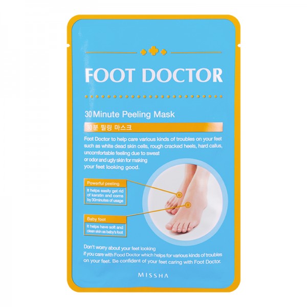 маска-пилинг в виде носочков missha foot doctor peeling mask маска-пилинг в виде носочков missha foot doctor peeling maskFoot Doctor Peeling Mask. Маска-пилинг в виде носочков<br><br>Интенсивная пилинг-маска всего за 30 минут справляется с мозолистой и огрубевшей кожей ступней, помогает сделать пяточки мягкими, гладкими, розовыми, как у младенца.<br><br>Маска в виде носочков, в отличие от многих других пилингов в 2-3 раза быстрее воздействует на кожу, сокращая время применения с 60-90 минут до 30, не уменьшая при этом эффективности.<br><br>В составе маски AHA и BHA кислоты, гидролизованный коллаген и 9 растительных экстрактов.<br><br>AHA и BHA кислоты позволяют естественным и безболезненным путём, без применения пемзы, щеток или других механических воздействий удалить омертвевшие клетки, растворяя ороговевший слой, а также оказывают увлажняющее, успокаивающее, противовоспалительное и антистрессовое действие.<br><br>Гидролизованный коллаген увлажняет и укрепляет кожу, делает ее более упругой и эластичной. Экстракты яблока, лимона, апельсина, папайи, граната, лаванды, камелии, а также масло арганы оказывают увлажняющее, успокаивающее, противовоспалительное, антисептическое и дезодорирующее действие, снимают усталость и тяжесть в ногах.<br><br>Способ примененния: Надеть маску на чистыые сухие ноги и оставить на 30 минут, затем маску снять, ноги ополоснуть теплой водой. В течение действия маски, пока происходит остлаивание кожи, не использовать пемзу и иные механические средства.<br><br>Вес г: 20.00000000