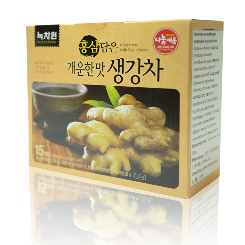 напиток из имбиря c красным женьшенем nokchawon ginger tea with red ginseng напиток из имбиря c красным женьшенем nokchawon ginger tea with red ginsengGinger Tea with Red Ginseng. Имбиный напиток с красным женьшенем Nokchawon – корейский органический натуральный продукт, произведенный из продуктов, выращенных в экологически чистой зоне Кореи без применения пестицидов и химических удобрений. Напиток имеет пряный сладкий вкус и теплый, согревающий аромат имбиря и женьшеня.<br><br>Двойная польза от сочетания имбиря и красного женьшеня. В красном женьшене содержится целая кладезь полезных веществ, необходимых для организма: кальций, магний, кобальт, фосфор, железо, натрий, сера, фолиевая кислота, витамины В12, В1, С, жирные кислоты и алкалоиды.<br><br> <br><br>Корень имбиря хорошо известен своими лечебными свойствами и часто используется в традиционной медицине. Одним из основных положительных свойств имбирного напитка является его способность бороться с вирусами и простудой. Этот бодрящий и согревающий тандем – имбирь с красным женьшенем - помогает организму бороться сезонными заболеваниями, повышает жизненный тонус, а также способствует снижению веса.<br><br>Достаточно выпить чашку имбирного напитка с красным женьшенем, чтобы почувствовать прилив жизненных сил и улучшение настроения.<br><br> <br><br>Не является БАДом, не содержит ГМО<br><br> <br><br>Состав: экстракт имбиря, экстракт ссангхва, экстракт дягиля лекарственного, имбирное экстракционное эфирное масло, рафинированная соль, глюкоза, карамель, диоксид кремния, арахис, экстракт красного женьшеня, ксилит.<br><br>Способ применения: содержимое пакетика растворить в 80 мл горячей воды (80-90 С). <br><br> <br><br>МАССА НЕТТО: 225 г, 15 х 15г растворимый напиток в пакетиках.<br><br>Вес г: 225.00000000
