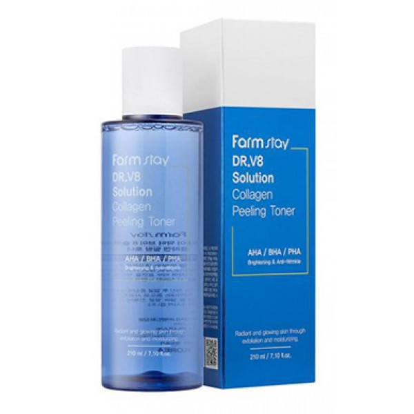 

обновляющий укрепляющий тонер с коллагеном и aha/bha/pha кислотами farmstay dr.v8 solution collagen peeling toner