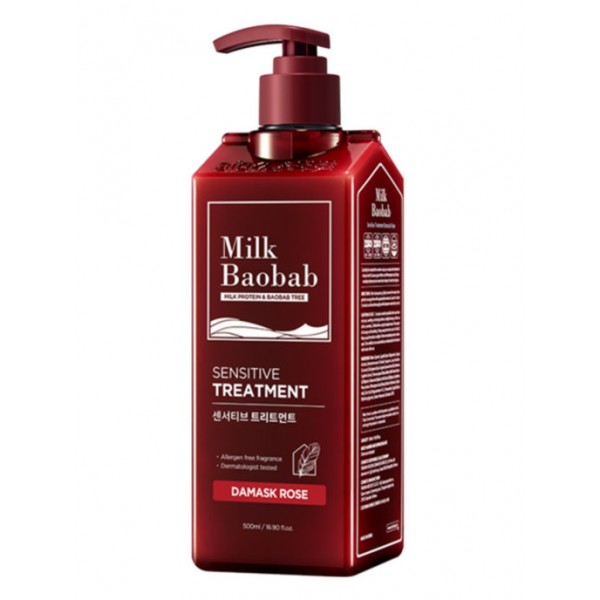 

бессульфатный и бессиликоновый бальзам milkbaobab sensitive treatment damask rose