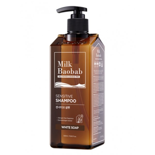 

бессульфатный и бессиликоновый шампунь milkbaobab sensitive shampoo white soap