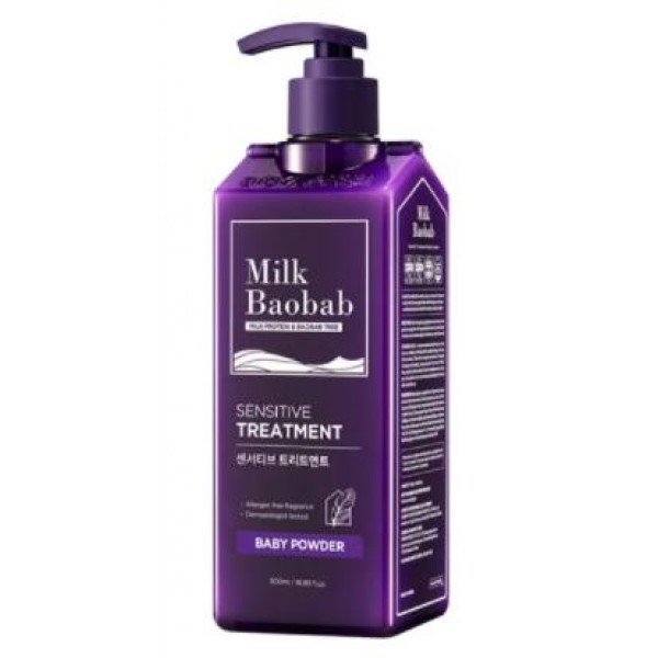 

бессульфатный и бессиликоновый бальзам для волос milkbaobab sensitive treatment baby powder