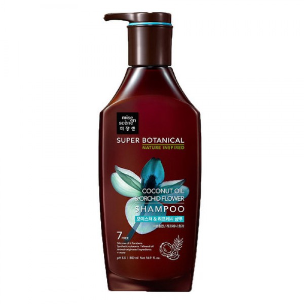

увлажняющий и освежающий шампунь mise en scene super botanic moistuer and refressing shampoo coconut oil and orchid flower